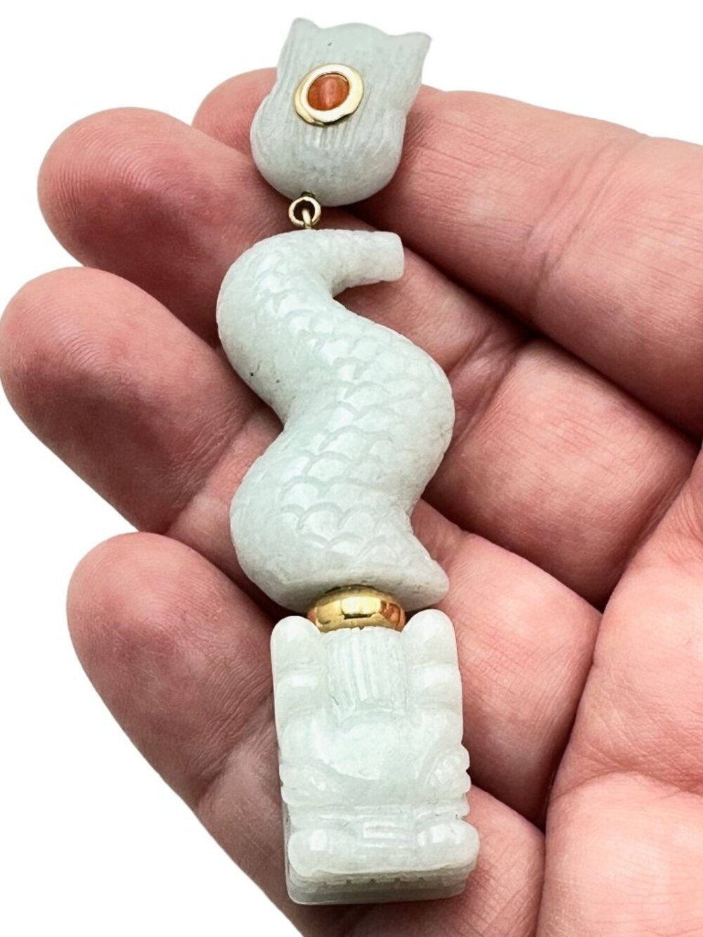 14K Yellow Gold Green Jade Pendant Dragon